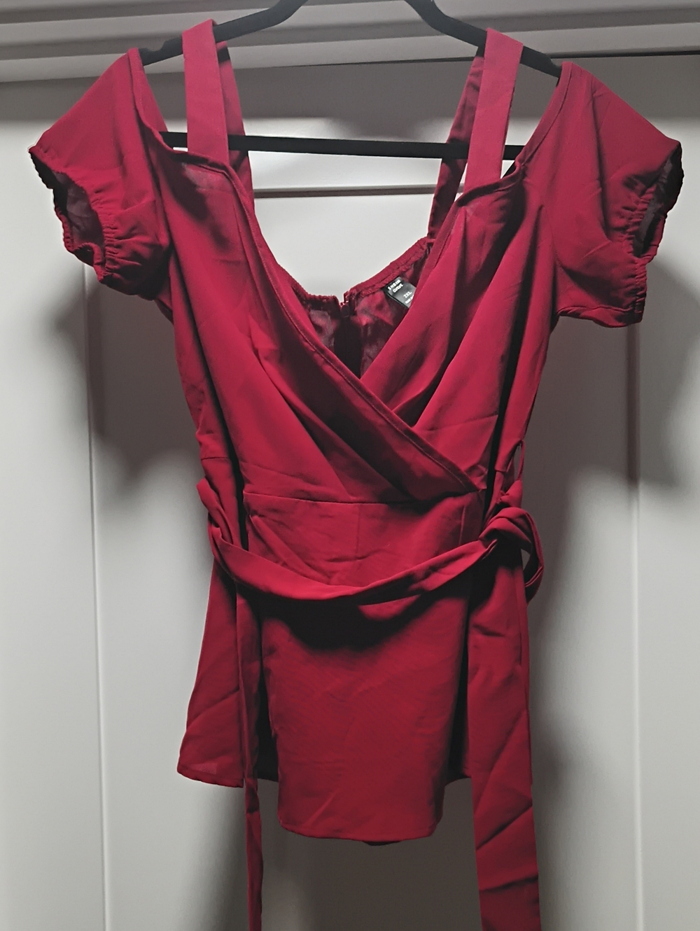 SHEIN Red Wrap-Front Short Sleeve Blouse with Tie Waist